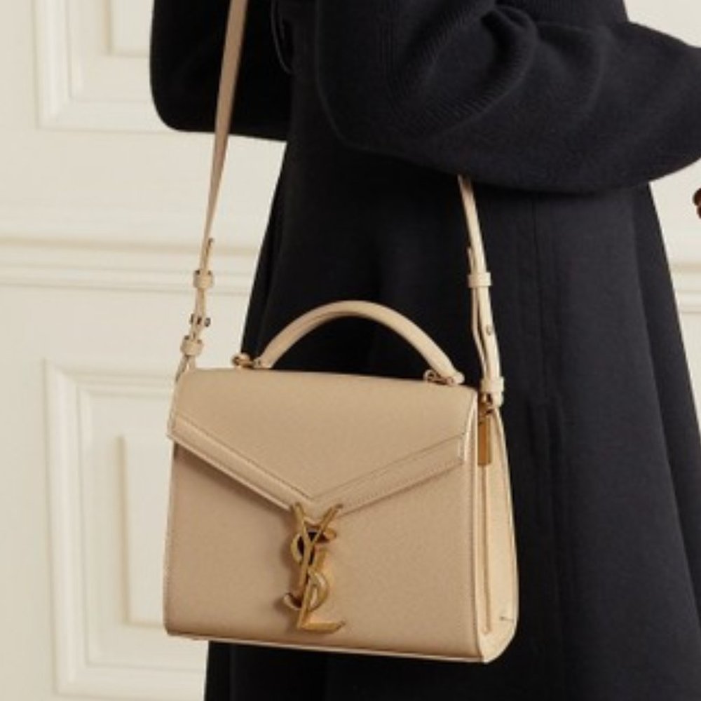 Saint Laurent Cassandre Mini Textured-leather Beige Leather Tote